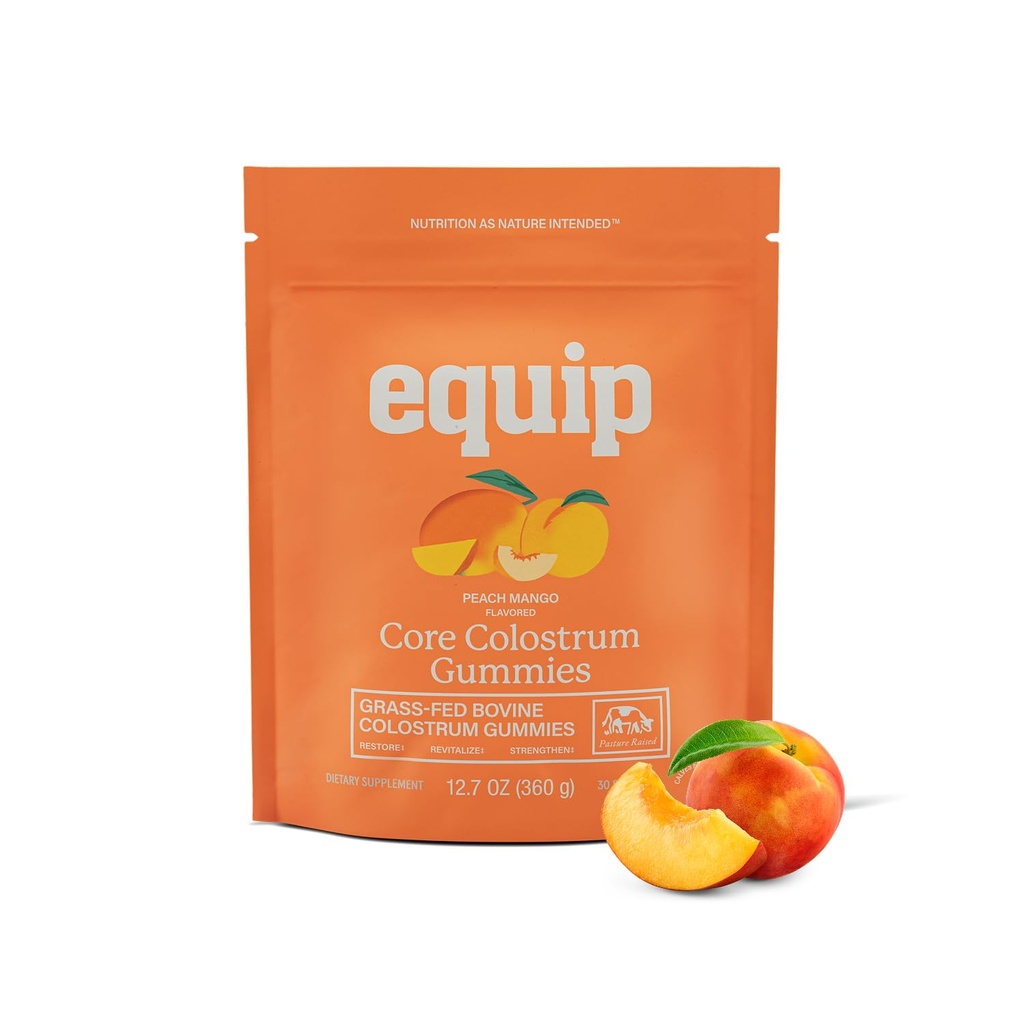 Equip Foods Core Bovine Colostrum Gummies, Delicious 1g Per Seving Grass Fed Colostrum Supplement - Gut Health, Imunity, Recovery, Hair & Skin - 60 Bovine Colostrum Gummies, 30 Servings, Peach Mango