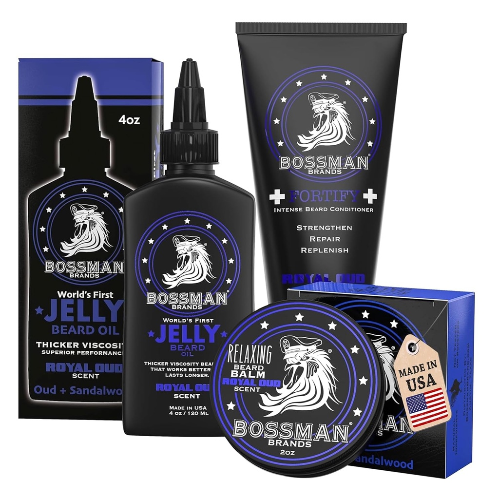 Bossman Essentials Brad Kit pre mužov, Sada 3 - Brada olej želé, Opevnenie kondicionér krém, Brad Balm - Starostlivosť o úpravu vzhľadu - Darčekový set pre mužov (Royal Rud)