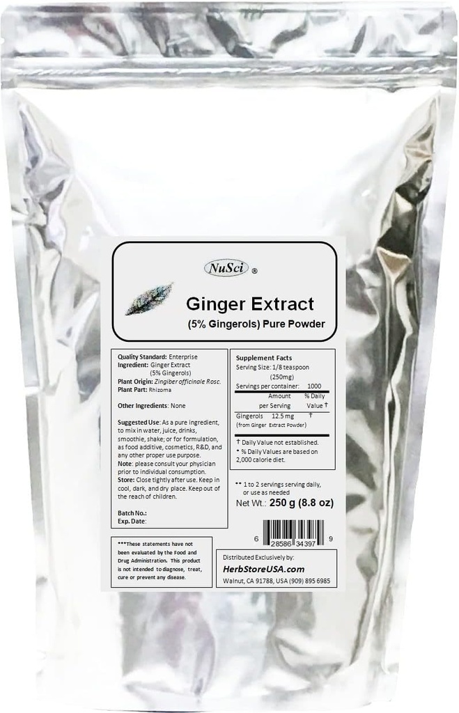 Zázvor Root Extract 250g (8.8 oz) Prášok Štandardizovaný 5% Gingerols, Podporný Tráviaci systém