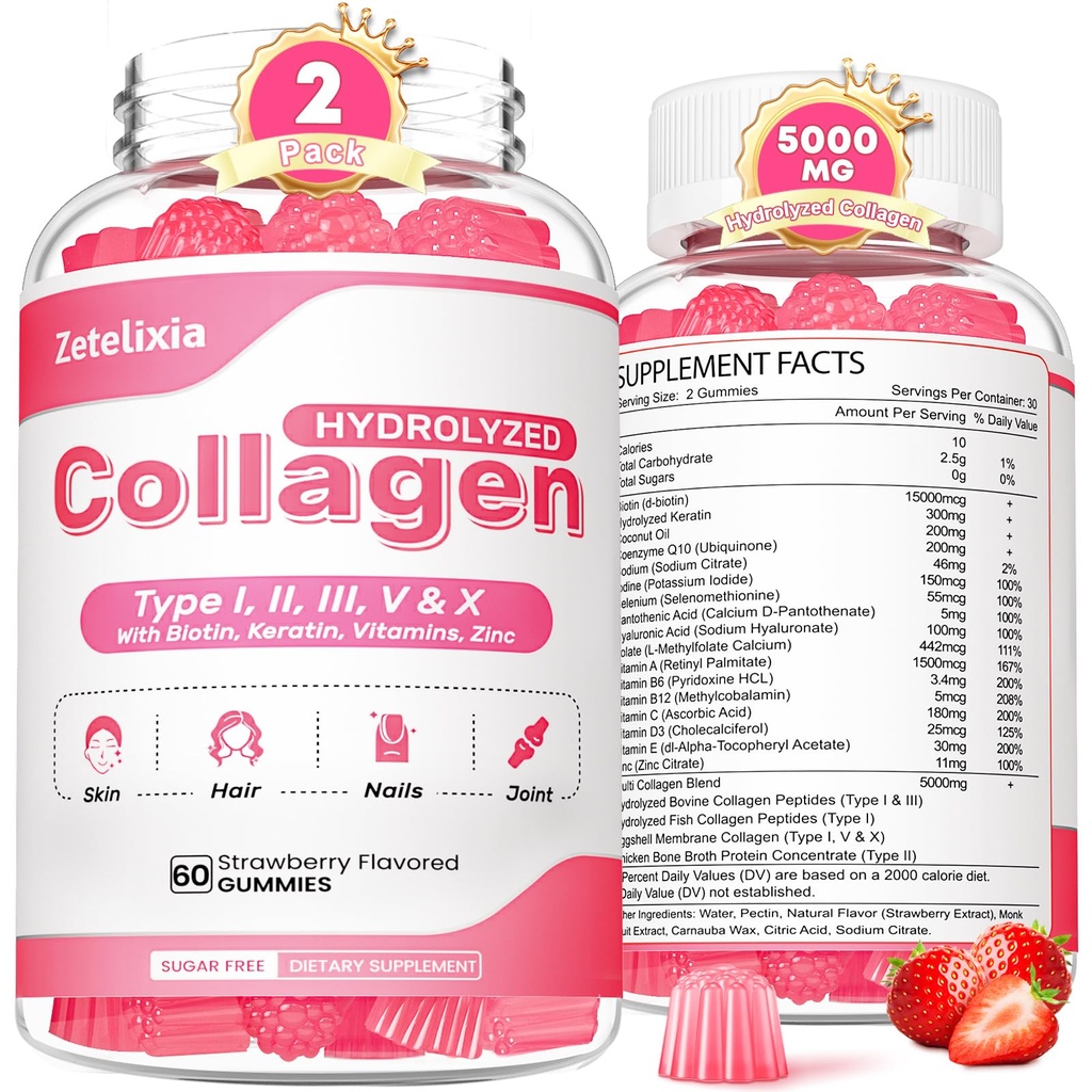 2 Pack Collagen Gummies for Women Men, Hydrolyzed Collagen Peptide Type I,II,III,V,X with Biotin, Vitamin C A B D E for Skin Hair Nails J0ints, Immunity Energy Digestion, Sugar Free, 120 Count