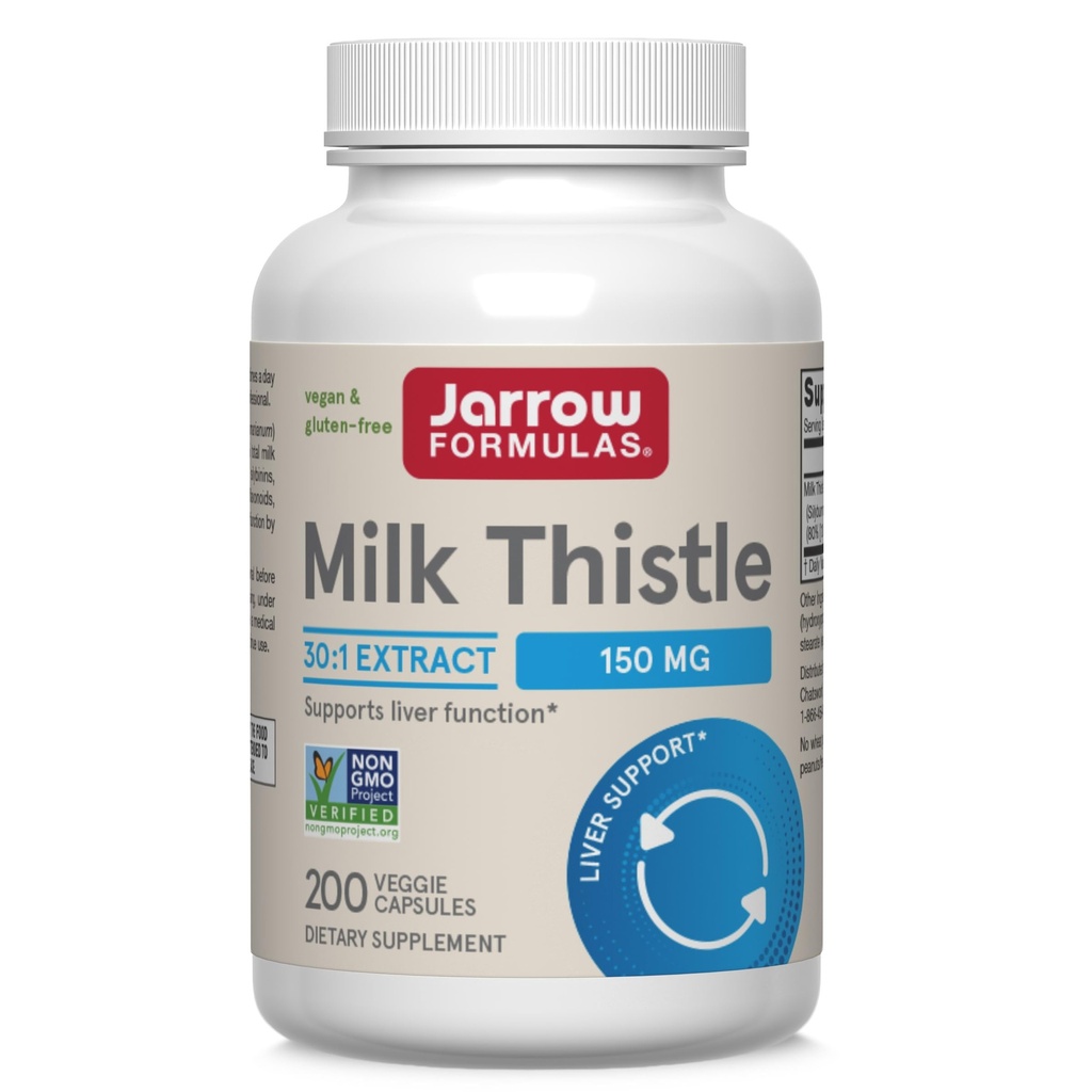 Jarrow Formules Milk Thistle 150 mg with 30:1 Standardized Silymarin Extract, Dietary Supplement for Liver Function Support, 200 Veggie Capsules, 66-200 Day Supply