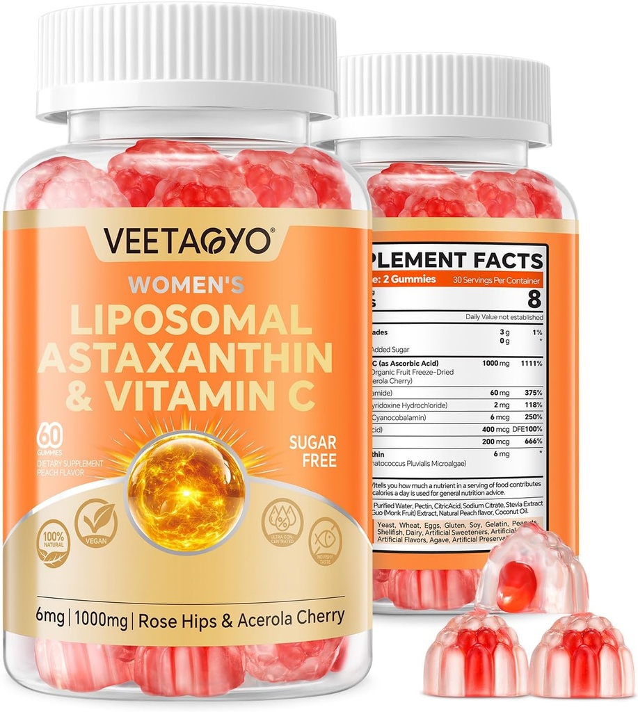 Astaxantín Doplnky 6 mg + Lipozomálny vitamín C 1000mg - Duálna vrstva - Niacín B6,B12,folát, biotín - Antioxidanty - Želatína bez obsahu cukru,60Cts