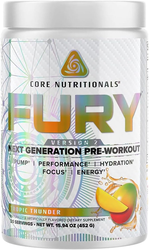 Core Nutritionals Fury V2: Powder pre-Workout maximalizovať výkon v Gym W/Zum-XR® kofeín, L-CItruline, a Alpha GPC (40 Scoops) (Tropic Thunder)