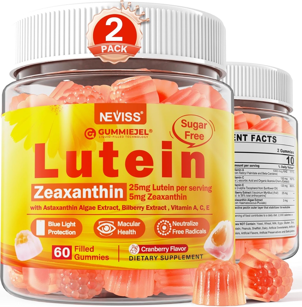 2 balenia Lutein a Zeaxantin doplnky Gummy (25mg) Vitamíny A, C, E, čučoriedky, astaxantín - Kokosový olej pre lepšiu absorpciu - pre dospelých & dospievajúcich Vision, oko, mozog, koža - Vegan, bez cukru