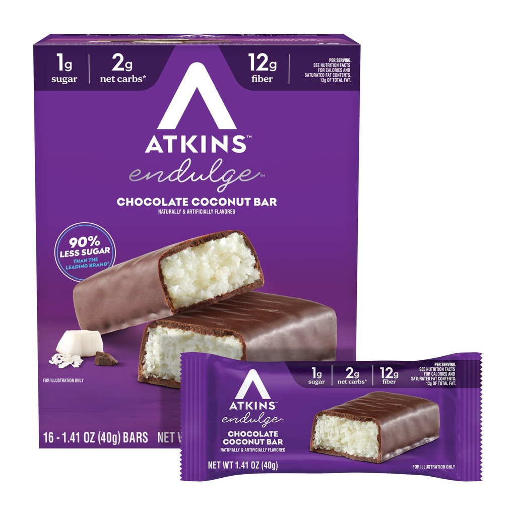 Atkins Endulge Čokoládový kokosový ochutený bar, nízkocukrová liečba, vysoký obsah vlákniny, 16 grófov