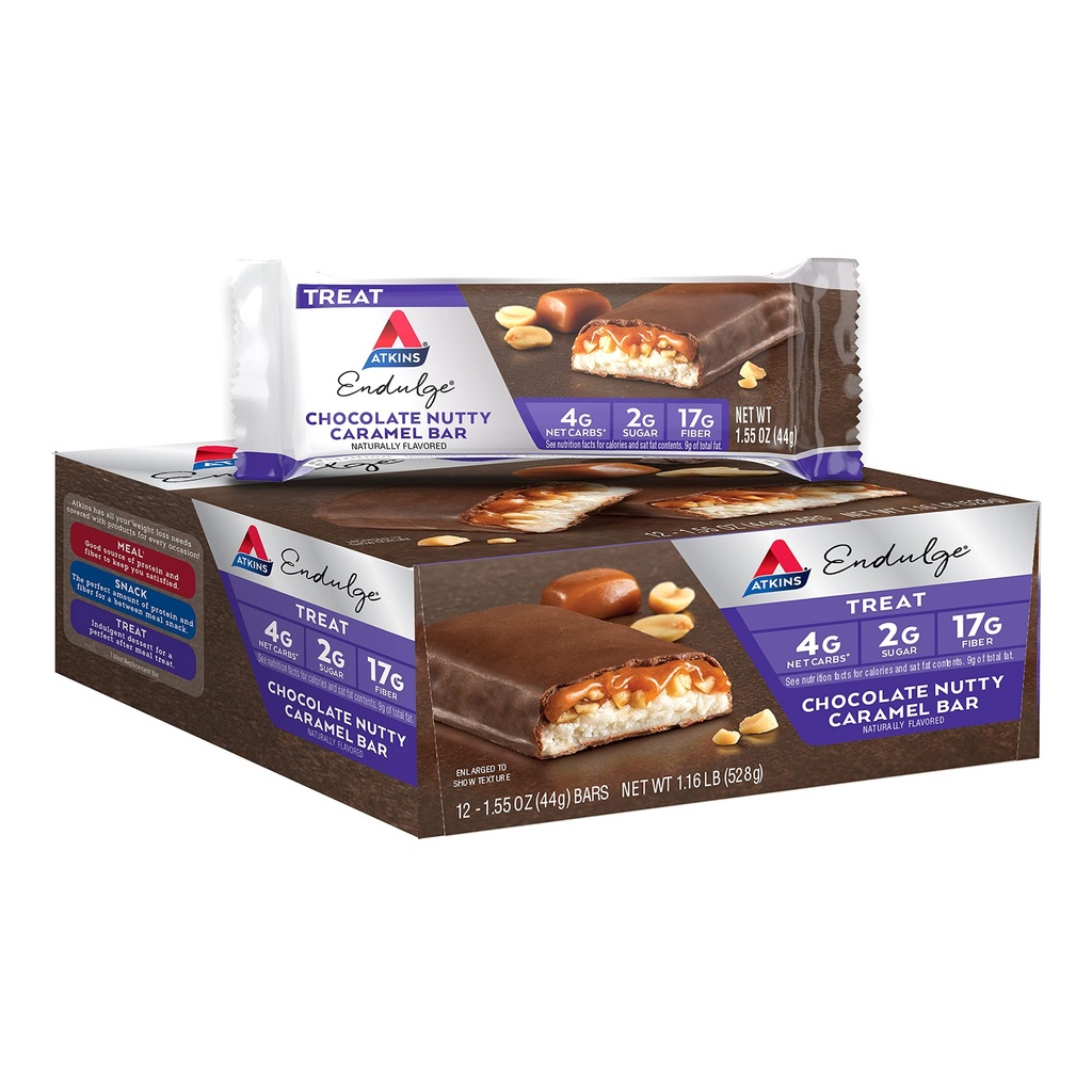 Atkins Endulge Chocolate Nutty Caramel Bar, Dessert Favorite, 2g Cukor, High in Fiber, Keto Friendly, 12 Count