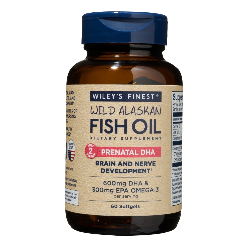 Wiley's Finest Wild Aljašský rybí olej prenatálne DHA - 900mg EPA a DHA Omega-3s pre tehotné ženy a dojné matky - 60 Softgels (30 prenatálne vitamíny služby)