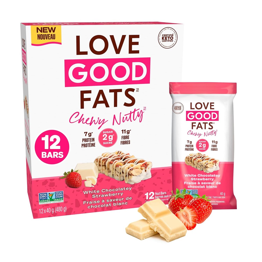Love Good Fats Chewy Nutty White Chocolatey Strawberry Keto Bars - Low Carb Protein Snacks - 12 balení (1.59oz / 45g každý bar)