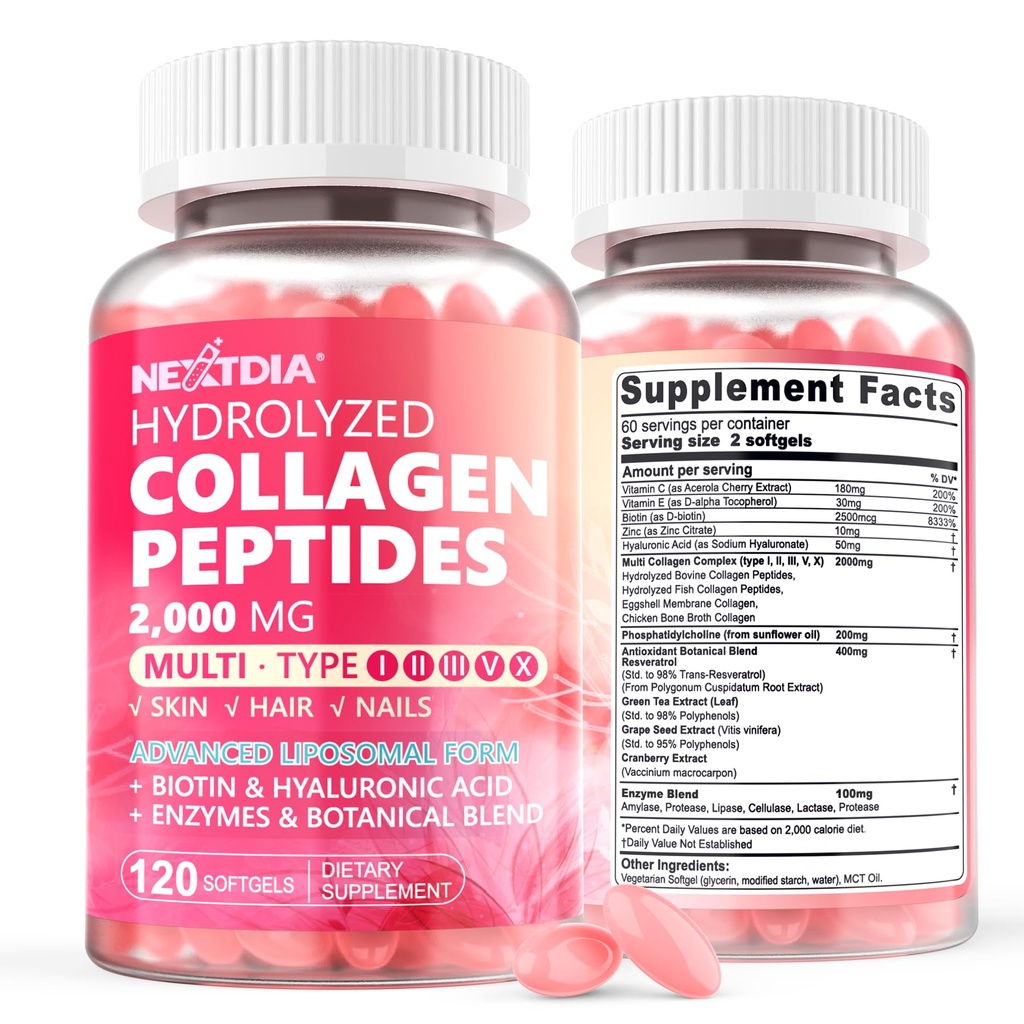 2 balenie Lipozomálne kolagen Peptidy pilulky pre ženy 2000mg, Multi Hydrolyzed kolagén typ I, II, III, V, X s 2500mcg Biotin - kolagén doplnky Softgels s vlasmi, kože a nechtov Vitamíny, 240 Cts