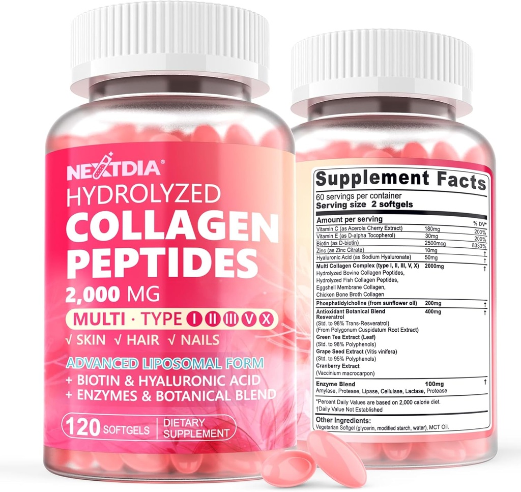 2 balenie Lipozomálne kolagen Peptidy pilulky pre ženy 2000mg, Multi Hydrolyzed kolagén typ I, II, III, V, X s 2500mcg Biotin - kolagén doplnky Softgels s vlasmi, kože a nechtov Vitamíny, 240 Cts