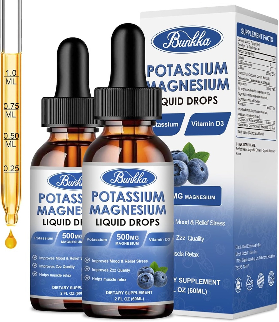 (2 balenia) Kálium Magnézium Supplement Tekuté s draslíkom, horčíkom, Calcium, vitamín D3, zinok, pre dospelých a deti, bez cukru