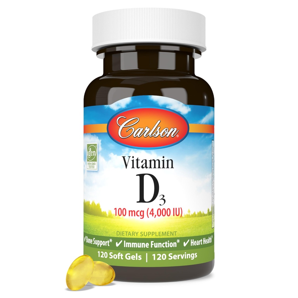 Carlson - vitamín D3, 4000 IU (100 μg), vitamín D doplnky, kosť a imunitné zdravie, cholekalciferol Supplement, bezlepkové vitamín D kapsuly, 120 softgelov