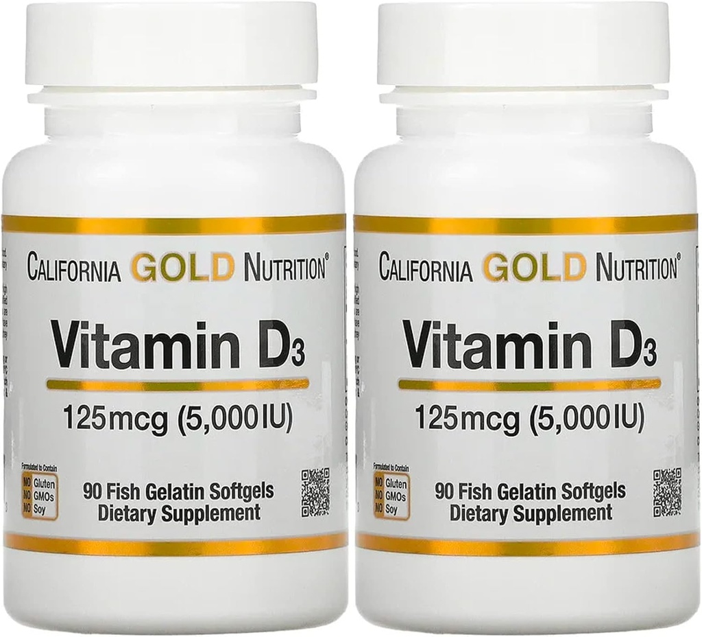 Vitamín D3 doplnok Kalifornia Gold Nutrition - Podpora pre zdravé kosti a zuby - Imunitný systém Podpora - bezlepok, non-GMO - 125 μg (5,000 IU) - 2 Balenie 90 Rybia želatína Softgels Každý
