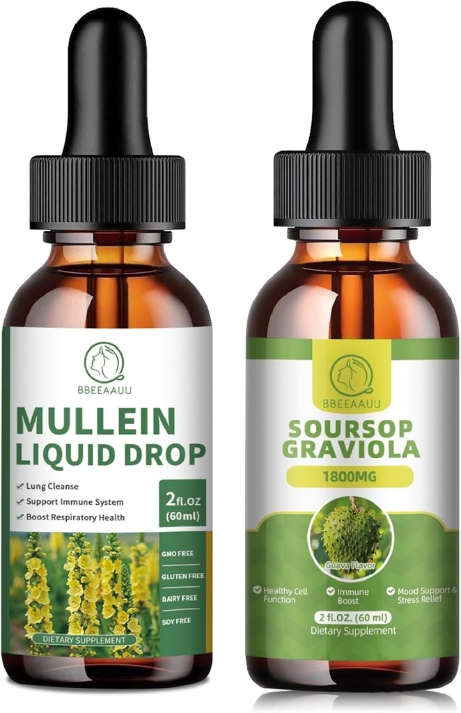 Mullein kvapky pre pľúca, Mullein Leaf Extract 1000MG pre Lung Cleans & Soursop Graviola Liquid Drops 1800mg, Soursop listy extrakt pre regeneráciu buniek