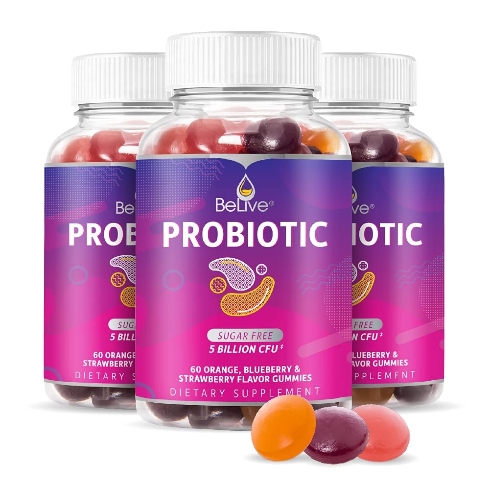 BeLive Probiotické Gummies - Probiotiká s 5 miliardami CFU pre tráviace zdravie, Muži, Ženy a deti Probiotické doplnky pre imunitnú podporu, cukor zadarmo & Vegan 