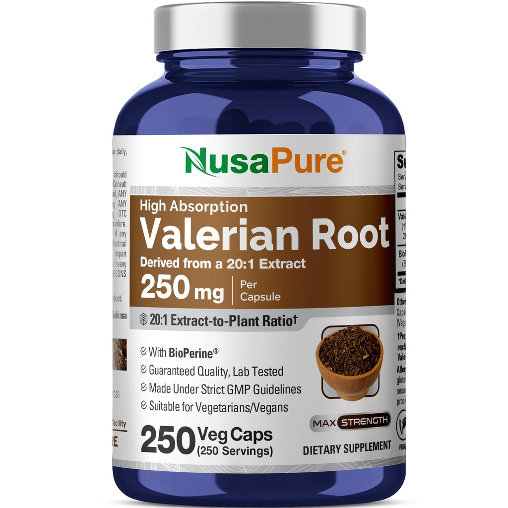 NusaPure Valerian Root 20:1 Extract, 250 mg Ekvivalent 5000mg Per Veggie Caps, 250 Count, Vegan, Non-GMO, Bioperine