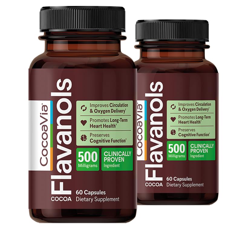CocoaVia Cardio Health Supplement, 60 Day, 500mg Cocoa Flavanols, Support Heart Health, Boost Nitric Oxide, Krv Circulation, Energy, Vegan, Dark Chocolate, 120 Kapsule