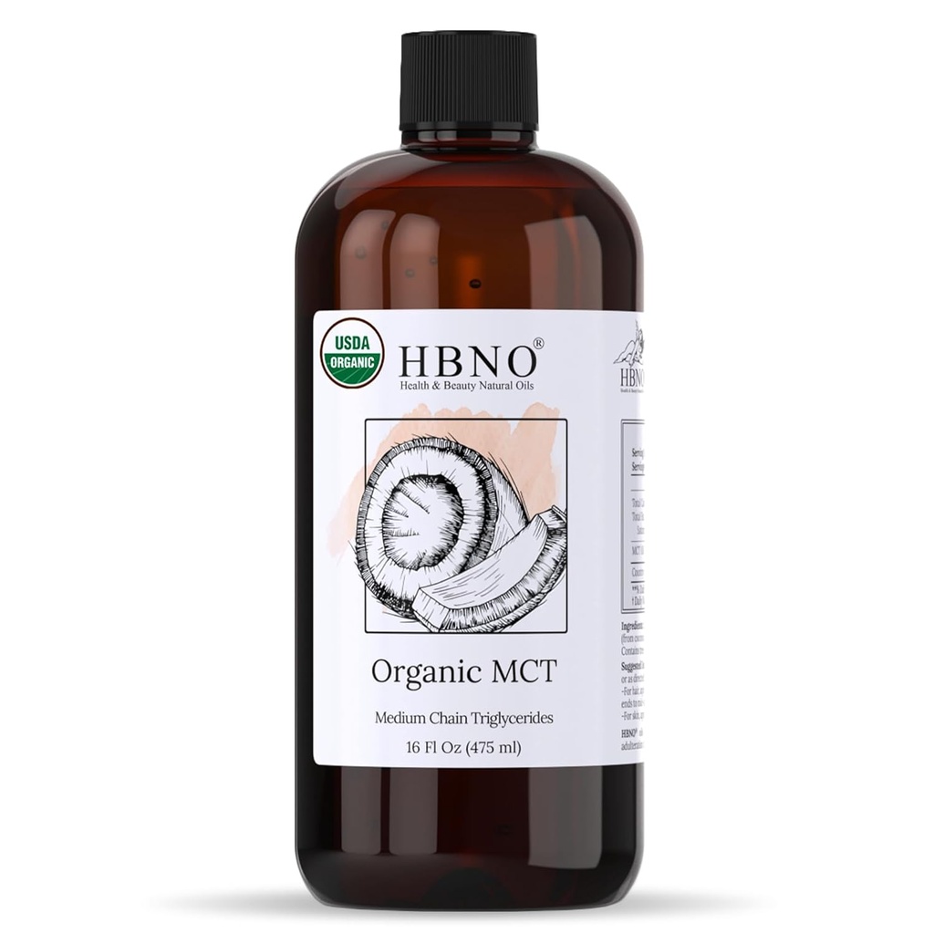 HBNO Organic MCT Oil 16 oz (475ml) Veľkosť hodnoty - Ideálne pre šalátové obväzy, Balzamy na pery, pleťové umývanie, krémy, starostlivosť o pleť a výrobky na starostlivosť o vlasy.