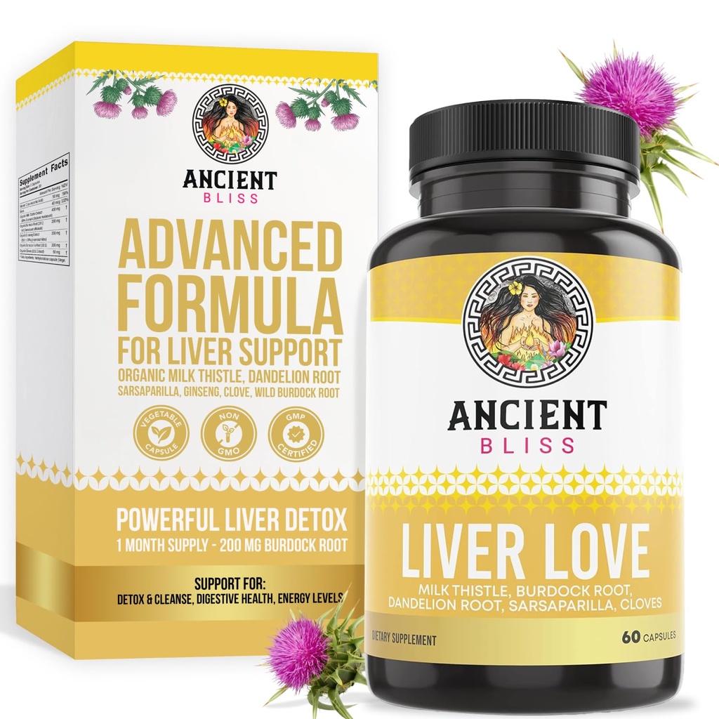 Staroveká Bliss Liver Love - Prírodné mlieko Pečeň Detox a zdravie pečene Čistiť doplnok - Podpora Zdravá pečeň u mužov a žien - 60 Kapsule - s Burdock, púpava, klinčeky, a ďalšie