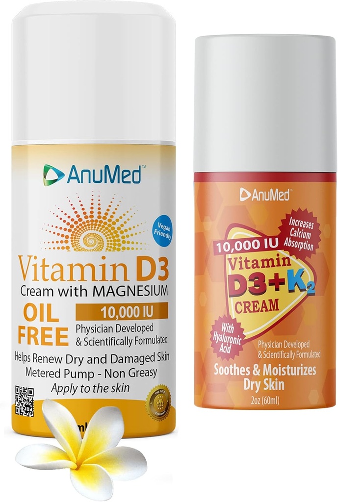 AUMED Bundle prírodný krém s vitamínom (D3 10 000 IU bez oleja) + (D3 s K2 10 000 IU cestovná veľkosť 2oz) Výkonné zložky s kyselinou hyalurónovou, horčík, vitamín E, zinok, vitamín B3. Non-GMO