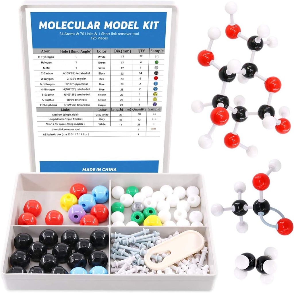 Swpeet 125 ks Molekulárny model Súprava pre anorganické a organické Molekulárny model Učiteľ a 16 rokov a viac Študent Kit - 54 Atómy & 70 Odkazy & 1 Krátky Link Remover Tool - Science Hračky