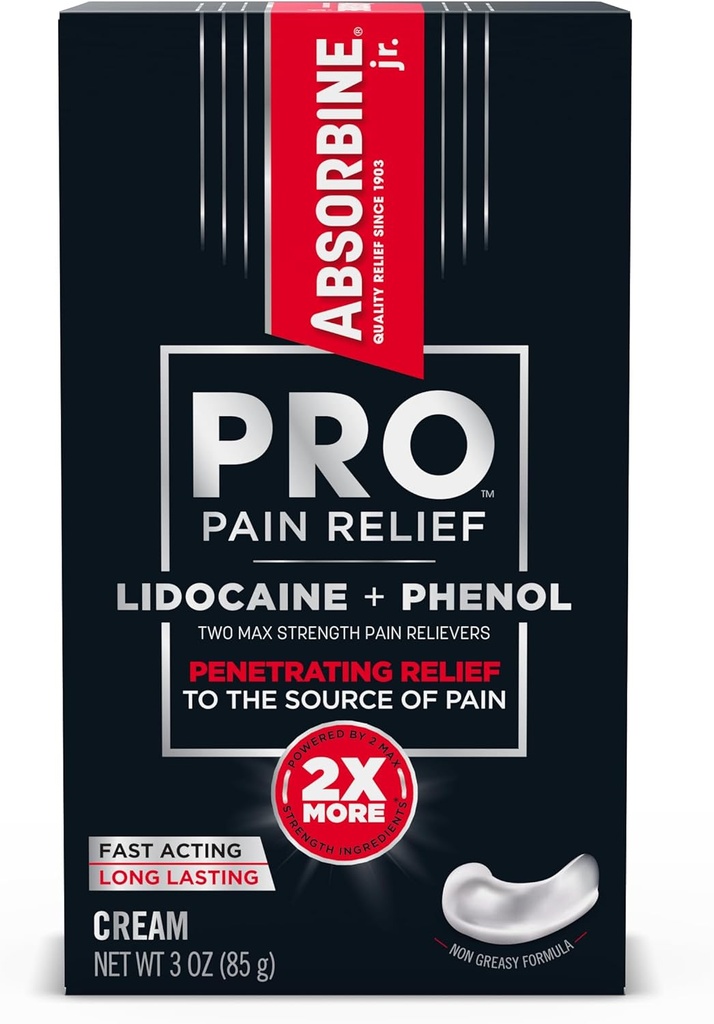 ABSORBINE JR. Absorbine Jr. PRO Max Strength Lidokain Cream, Maximálna úľava od bolesti s fenolom pre rýchle pôsobenie bolesti nervov, svalových bolestí, a kĺbové nepohodlie, non-Greasy Formula, 3oz. Tuba, 1