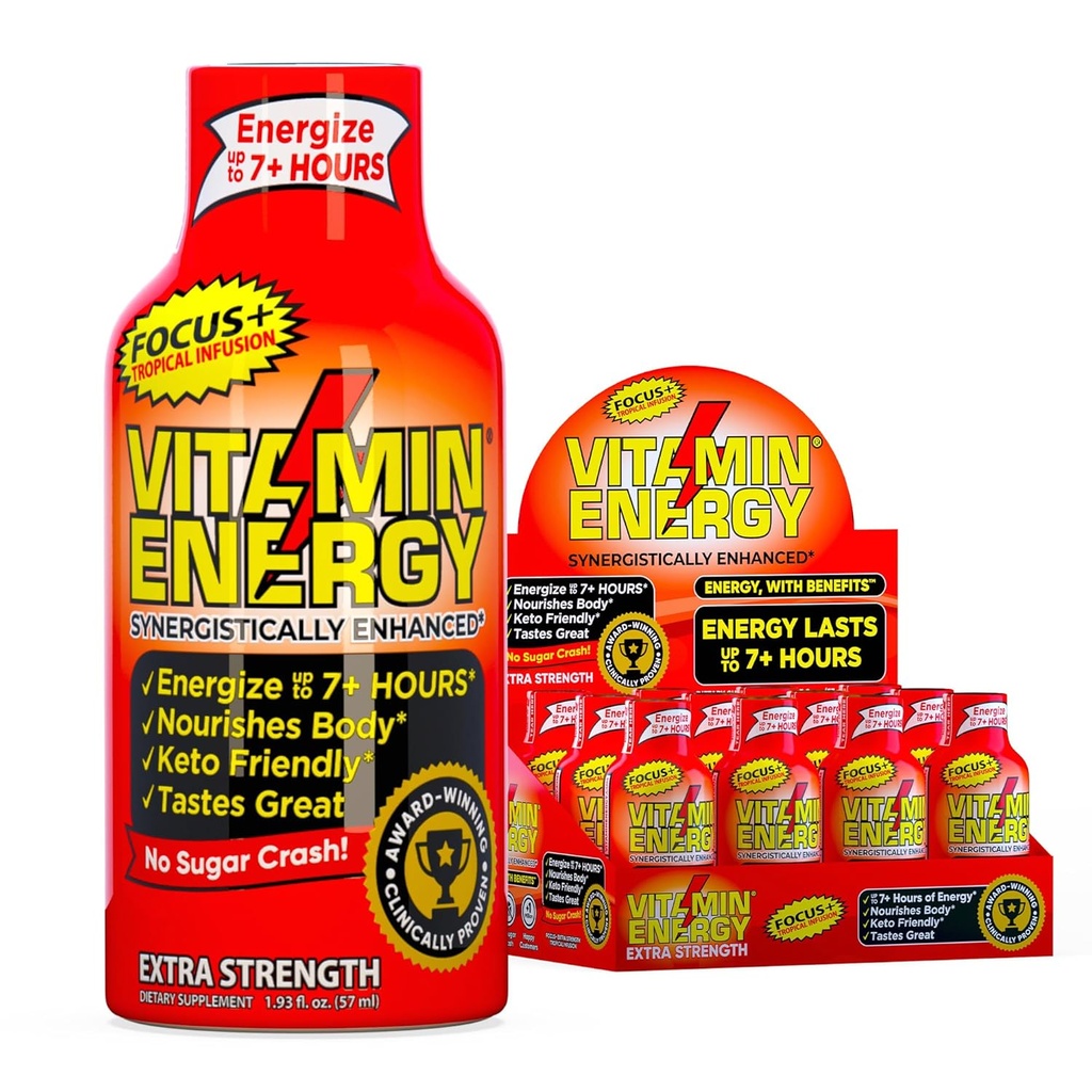 Vitamín Energy Focus+ Extra sila Energia Shot Tropická infúzia 12 Balenie, 260 mg Prírodný kofeín, B-vitamíny, CoQ10, aminokyseliny, zameranie, produktivita a jasnosť, Zero Sugar, Gluten-free, 1,93 fl oz