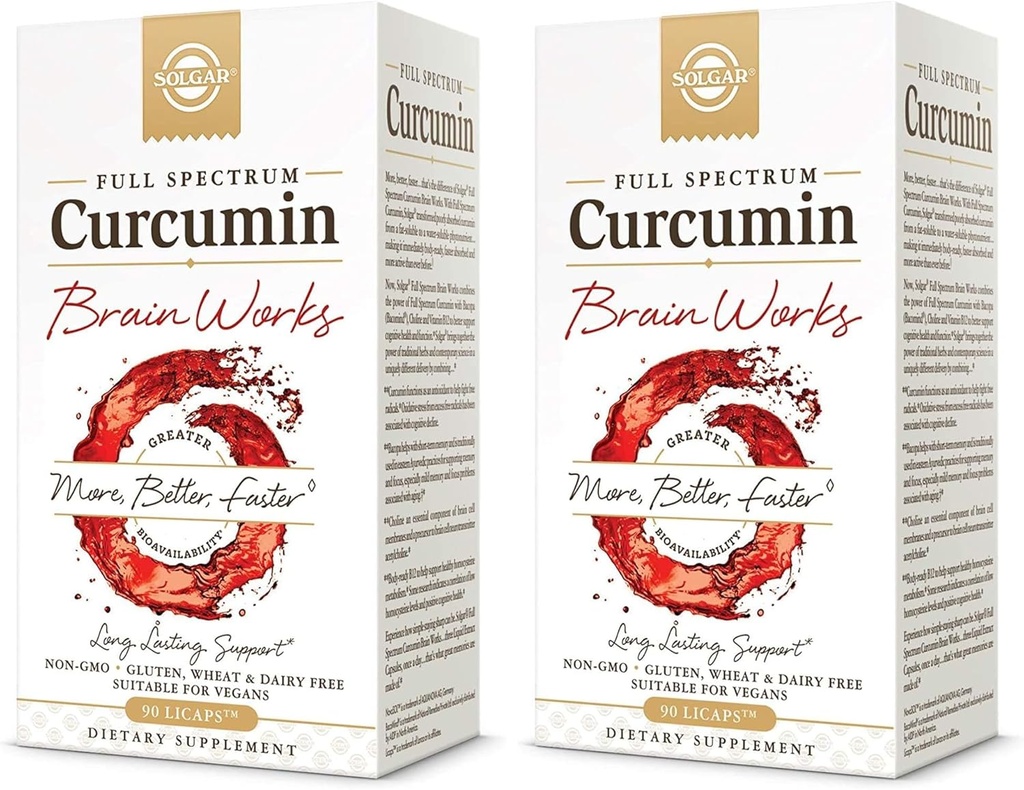 Solgar Full Spectrum Curcumin Brain Works, 90 Licaps - Podpora pamäte Recall, Focus, Cognitive Funkcia - Antioxidačná podpora - Curcumin, BacoMind, Choline, Vitamín B12 - Non-GMO, Vegan - (Pack of 2)