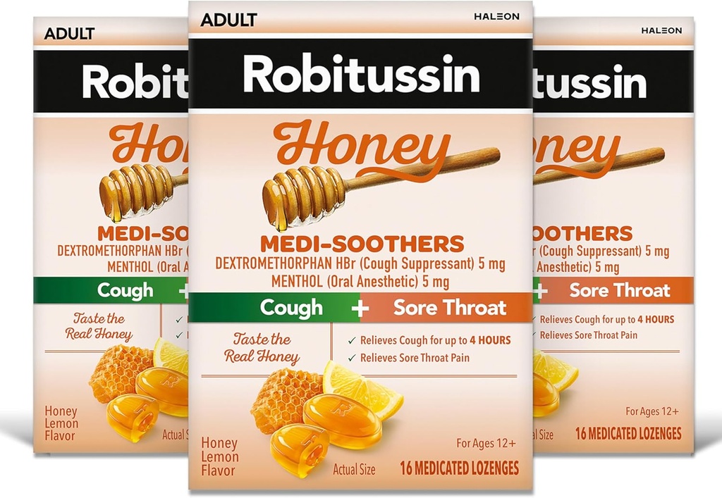 Robitussin Medi-Soothers Honey Lemon Throat Lozenges, Dlhoprúdový Kašeľ + Úľava bolesti žalúdka - 48 Počet (3 x 16ct balenia)