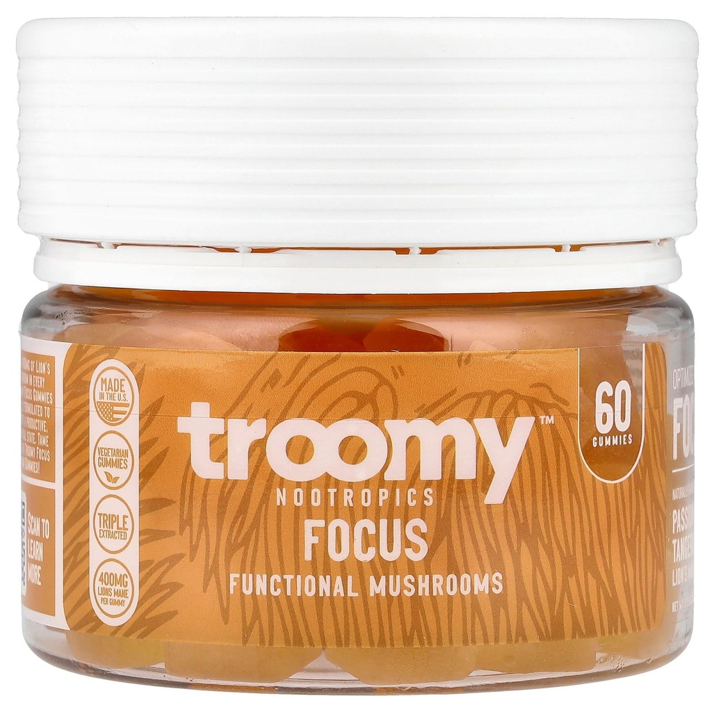Troomy Lion's Mane Focus Gummies 60 Count - Natural Tangerine and Musionfruit Avour, Želatína-Free, Gluten-Free, Vegetarián
