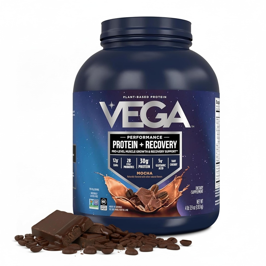 Vega Sport Vegan Protein Powder + Recovery - 30g Plant Based Protein per Serving, Mocha, 45 Servings, 5g BCAA, Probiotiká, NSF Certified, pre Shakes & Smoothies, 4,2lbs (Backaging May Vary)