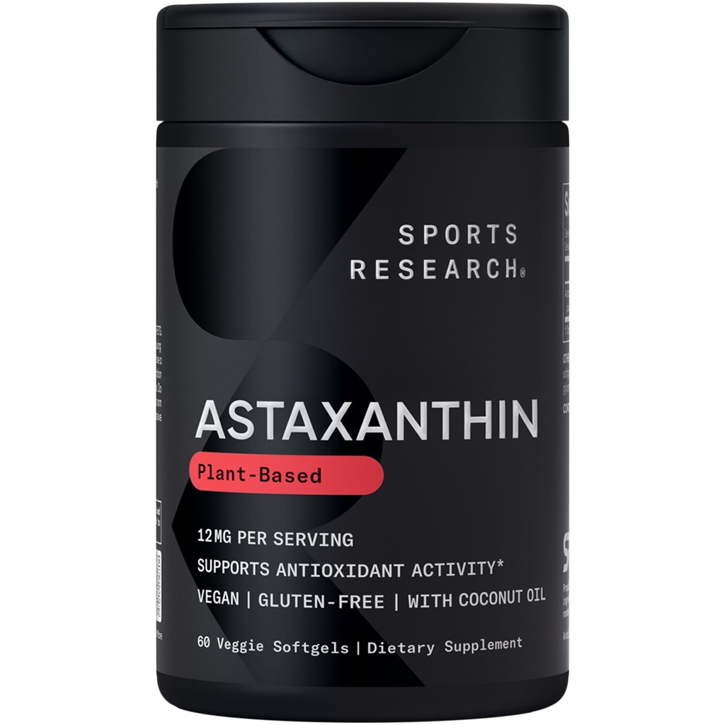 Športový výskum Triple Strength Vegan Astaxantin Supplement from Algae - Plant Based Softgels for Antioxidant Activity, Skin & Eye Health - Non-GMO Overified, Made with Coconut Oil - 12mg, 60 Count