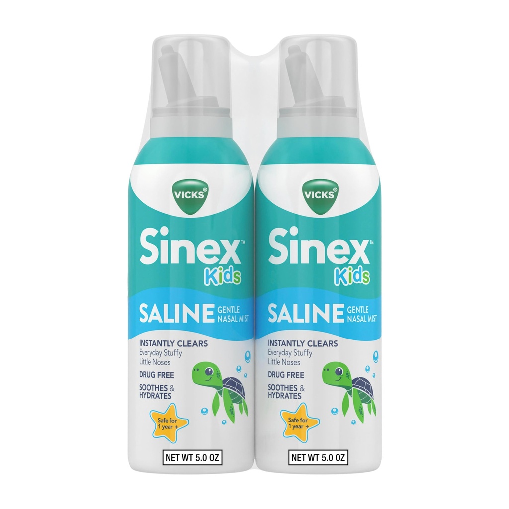 Vicks Sinex, Detský salinový nosný sprej, Drug Free Ultra Fine Mist s návodom na Aloe, Veky 1+, Rýchle Každodenné nafúknuté Nos Relief pre deti, Clear Muse z chladu alebo alergie, 5 OZ x 2