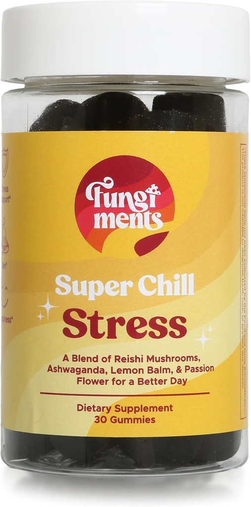 Fungimenty Super Chill - Huba Supplement - Reishi Mushroom, Ashwagandha, Cortizol, L-theanine, mučenka kvet - Menej stresu a lepšieho spánku (30 Hubové Gummy)