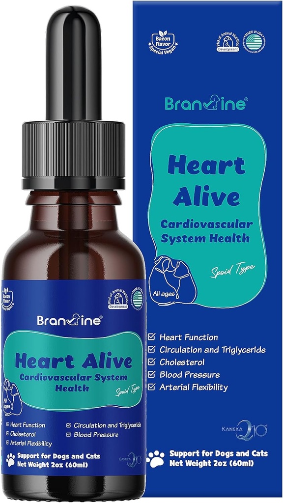 Srdce živé Tekutý Kardiovaskulárny systém Zdravie pre psy a mačky-Norwegian Fish Oil, Koenzým Q10, Vitamín K2, Policosanol, Hawthorn Berry Extract, Vegan Bacon Flavor (60ml)