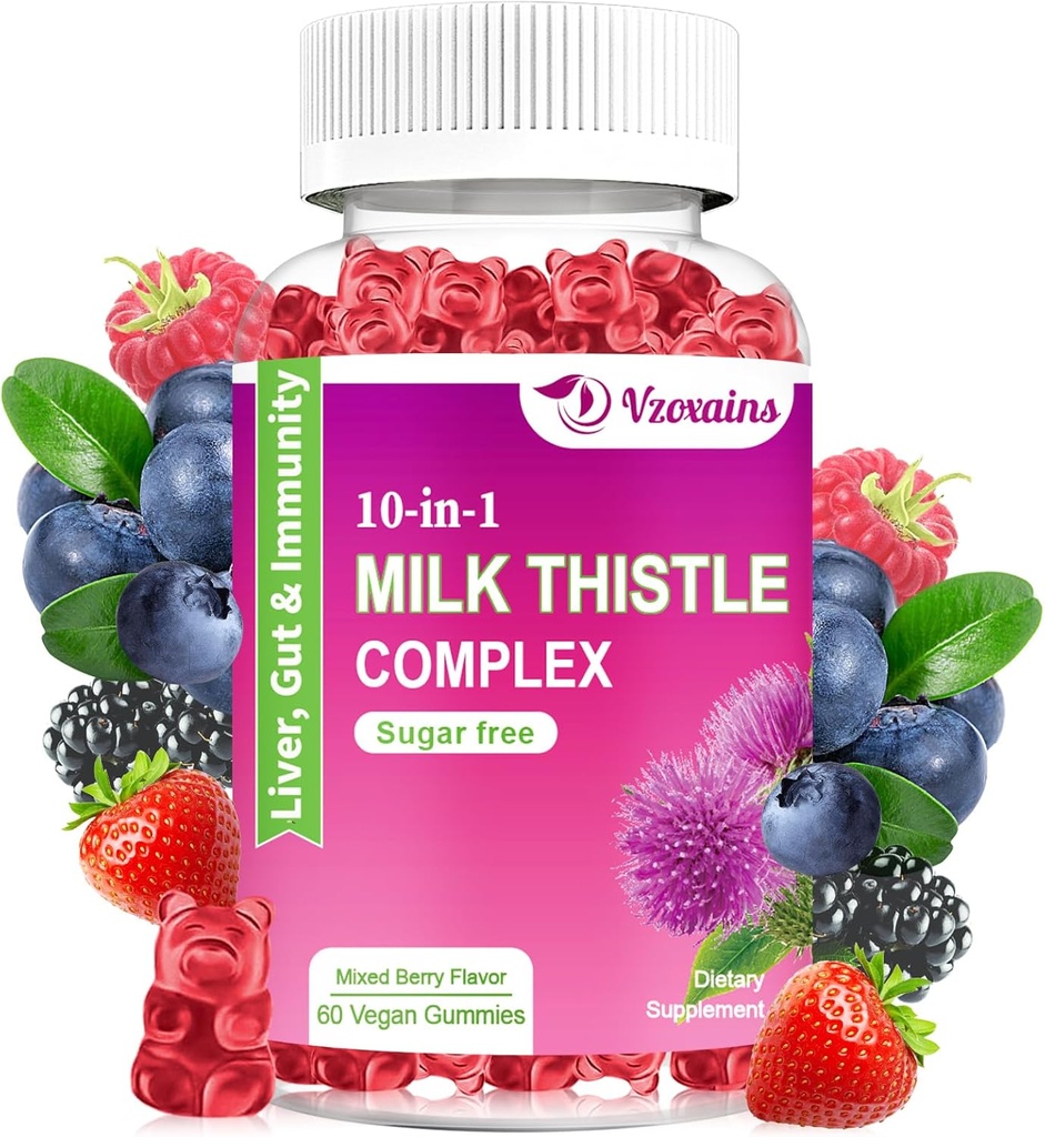 Milk Thitle Gummies, 10-in-1 Bylinné Formula na čistenie pečene Detox & Opravy s púpavkovým koreňom, kurkuma, Artičoky - Optimálna funkcia pečene a trávivé zdravie - Zmiešané Berry Flavor