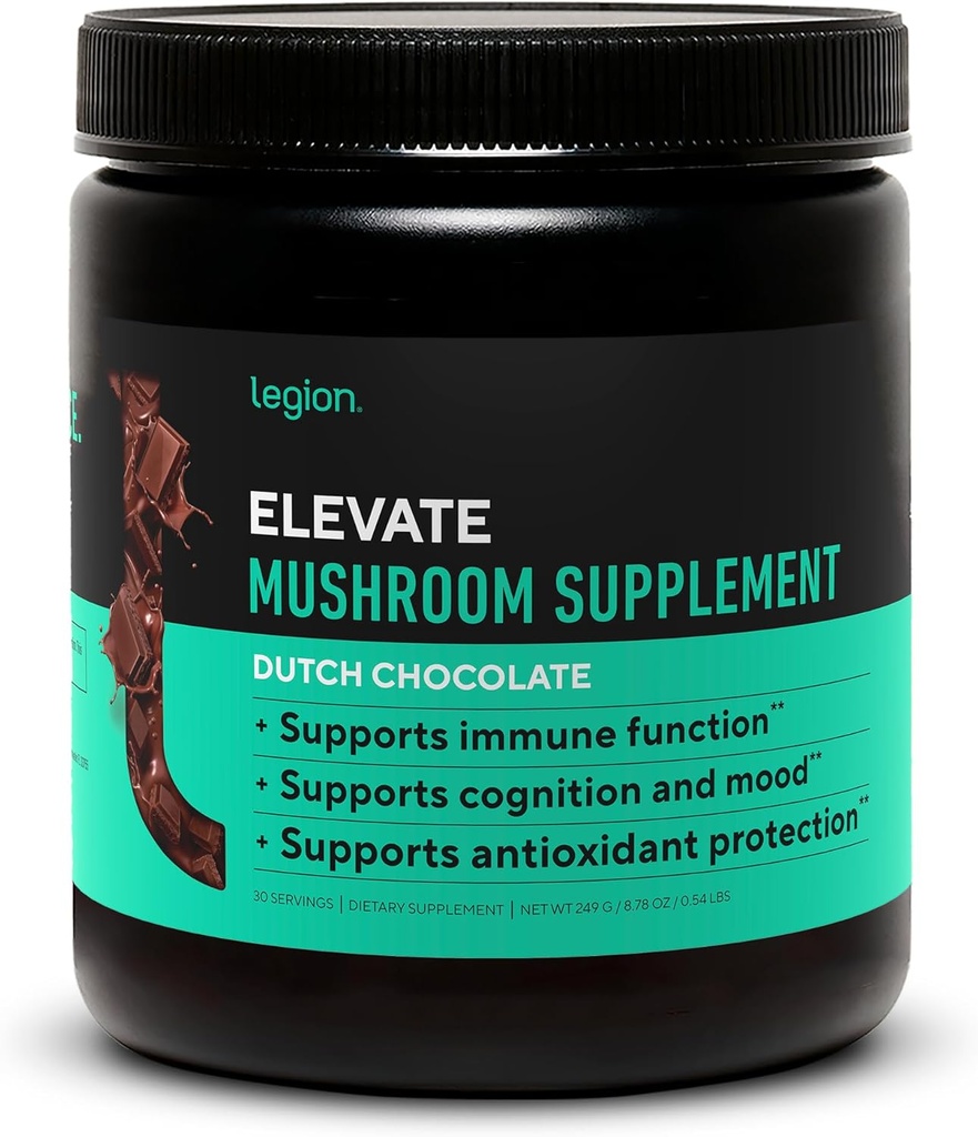 LEGION Elevate Mushroom Supplement Powder - Mushroom Blend of Lions Mane Powder, Reishi Powder & Beta-Glucan- Mushroom Powder to Boost Immune System, Mood & Performance Dutch Chocolate (30 Servings)