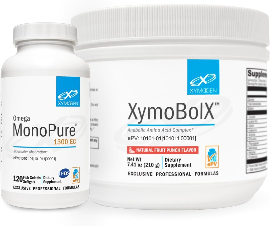 XYMOGEN Omega MonoPure 1300EC (120 Servings) + XymBolX (30 Servings) Bundle - Kardiovaskulárne + kognitívna podpora, Svalové zotavenie - Non GMO
