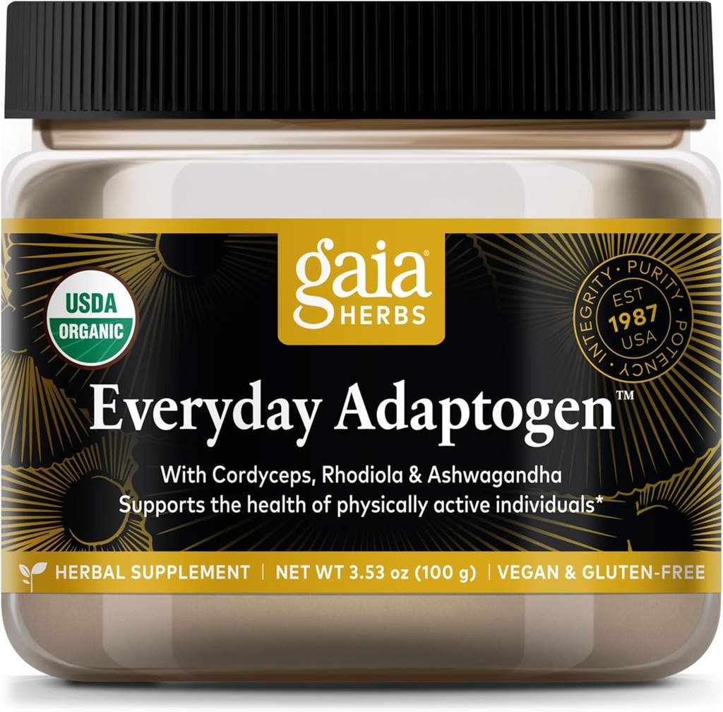 Gaia byliny každodenný adaptagén prášok - pomáha poskytovať podporu energie a udržiavať zdravé úrovne stresu v fyzickej aktivite - s Maca Root, Cordyceps, Ashwagandha & More - 3,5 Oz (38-Deň dodávky)