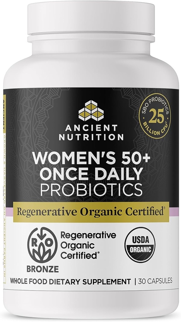 Ancient Nutrition Regenerative Organic Certified Probiotics for Women 50+, Probiotiká Ženy 50+ Raz denne, Zdravé trávenie a podpora imunitného systému, 25 miliárd CFU* Per Serving, 30 Počet