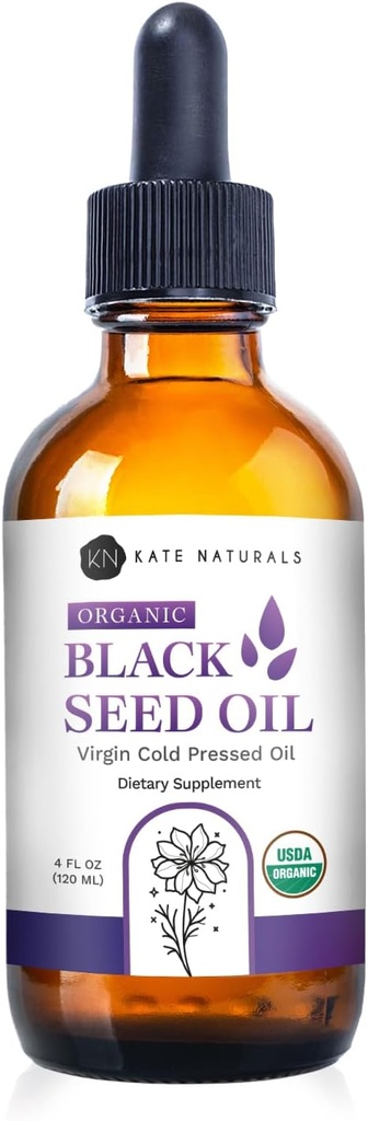 Kate Naturals Organic Black Seed Oil (4oz, Virgin, Cold Pressed, Non-GMO) Tekuté Nigella Sativa pre imunitnú podporu a trávenie. Čistý čierny rasca rasca olej pre vlasy a pokožku
