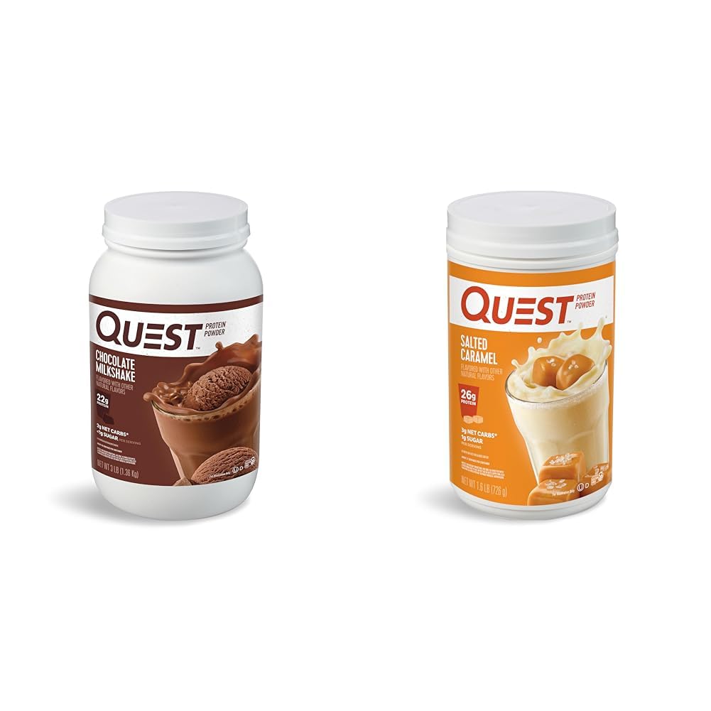 Quest Nutrition Chocolate Milkshake Protein Powder, 22g Protein, 1g Cukor, Low Carb, Gluten Free, 3 libra, 43 Servings & Salted Caramel Protein Powder; 26g Protein; 1g Cukor; Low Carb; Gluten Free