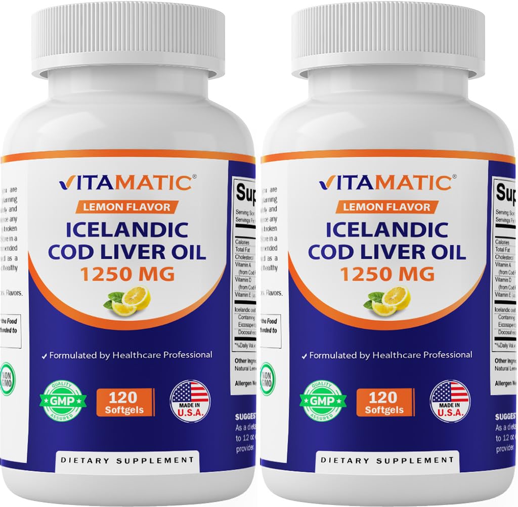 Vitamatic 2 Balíček Islandská treska Liverový olej Kapsule 1250mg 120 Softgels (Lemon Flavor) - Podporuje kardiovaskulárne zdravie