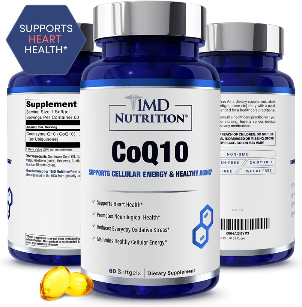1MD Nutrition CoQ10 - pre zdravie srdca a výrobu bunkovej energie - Zdravie doplnok pre mužov a ženy - Koenzým Q10 Softgel - 60 dní