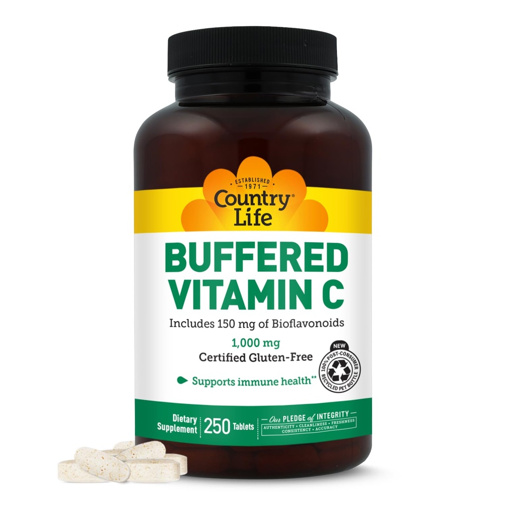 Country Life Pufrovaný vitamín C 1000 mg s bioflavonoidmi, vápnikom, horčíkom, draslíkom - Imunitná podpora, vegánske kapsuly, bezlepkové, jemne na žalúdku - 250 tabliet