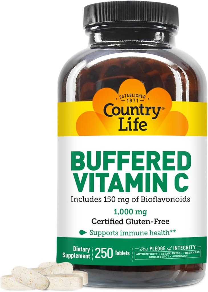 Country Life Pufrovaný vitamín C 1000 mg s bioflavonoidmi, vápnikom, horčíkom, draslíkom - Imunitná podpora, vegánske kapsuly, bezlepkové, jemne na žalúdku - 250 tabliet