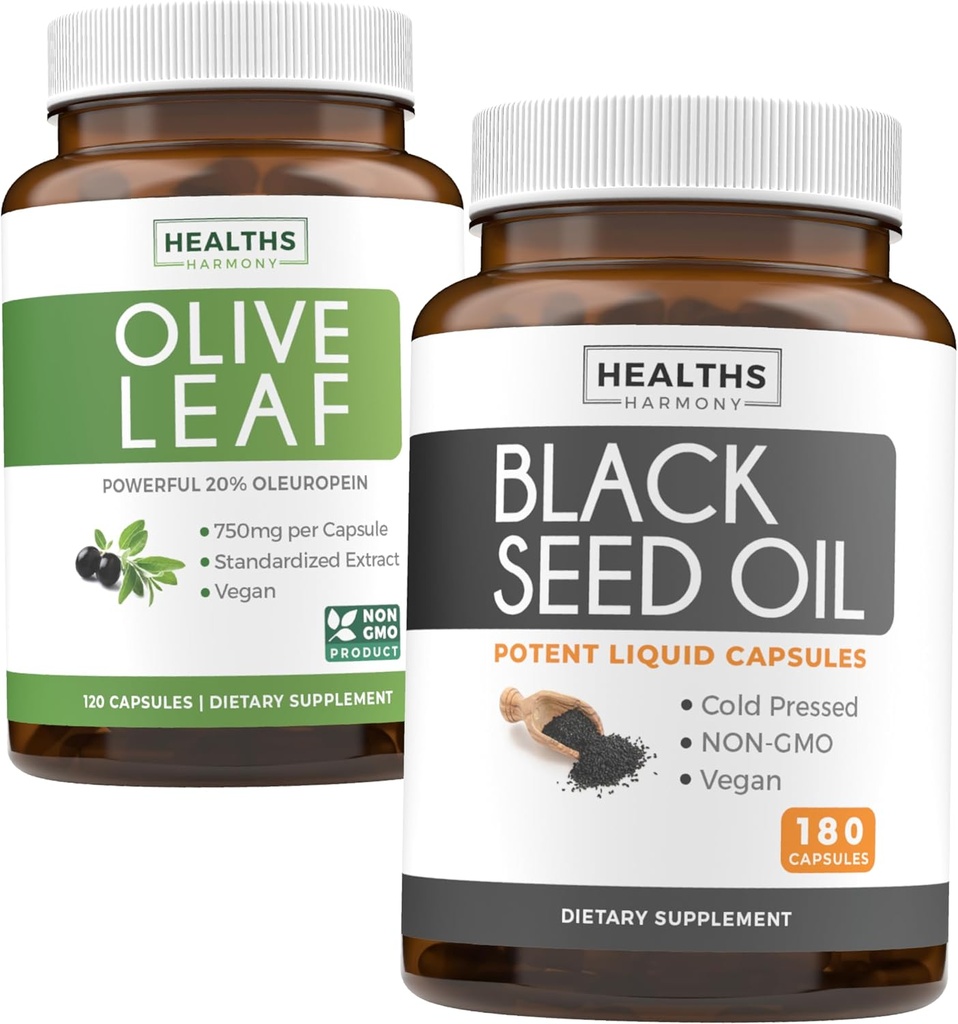 Olive Leaf & Black Seed Oil (3-Month Supply) Leaf & Seed Bundle of Olive Leaf Extract (120 Kapsule) Super Strength a Black Seed Oil (180 Kapsule) Za studena lisované Nigella Sativa Cumin Semeno