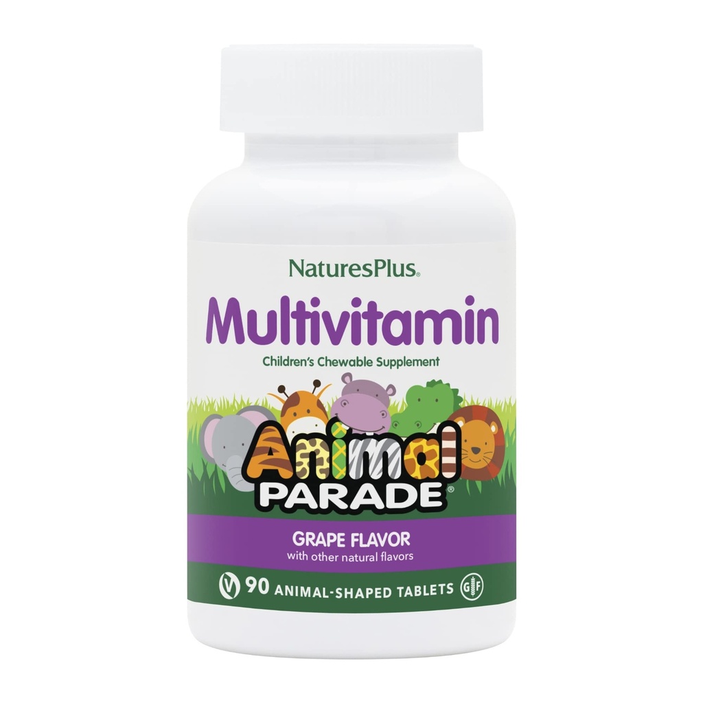 Natures Plus Animal Parade Children's Chewable Multivitamín - Grape flavor - 90 Animal-Shaped Tablets - Podporuje zdravie & Well-Being - Vegetariánska, Gluten Free - 45 Servings