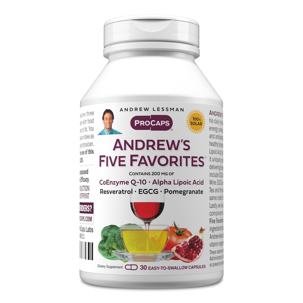 ANDREW LESSMAN Andrew je päť obľúbených 30 kapsúl - Poskytuje 200mg Každý z koenzýmu Q-10, Resveratrol, EGCG, granátové jablko a Alpha Lipoic Acid, Výkonný Anti-Oxidant Podpora, žiadne prídavné látky