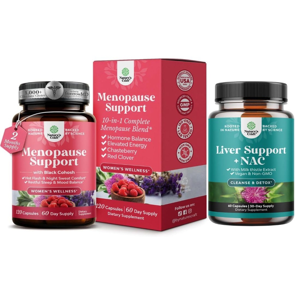 Bundle of Total Menopauza Supplement with Dong Quai Vitex Chaste Berry & Black Cohosh for Natural Hormone Support and Liver Support NAC Supplement with Milk Thitle for Liver Cleanse Detox & Repair